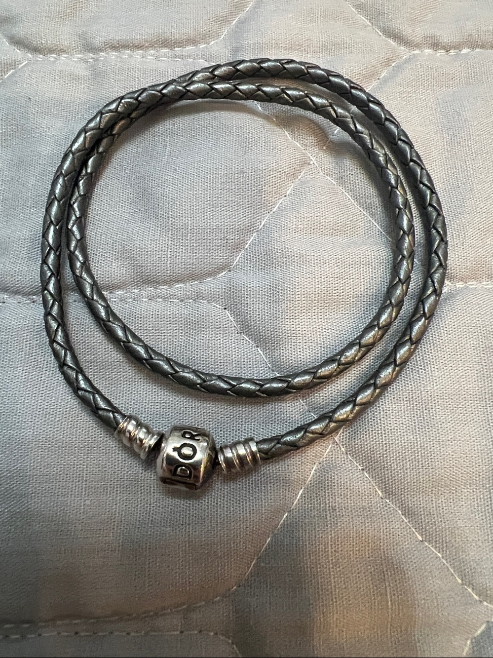 Pandora Double Metallic Light Grey Leather Bracelet Sterling Silver 15”